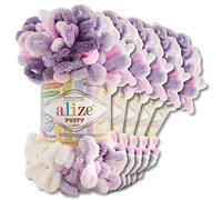 Wohnkult Alize Puffy Colour Premium Wool 5 x 100 g 26 Colour Combinations Chenille Handmade Knitting and Crochet without Tools Smart Yarn (6305)