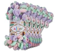 Wohnkult Alize Puffy Colour Premium Wool 5 x 100 g 26 Colour Combinations Chenille Handmade Knitting and Crochet without Tools Smart Yarn (5938)