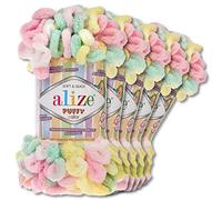 Wohnkult Alize Puffy Colour Premium Wool 5 x 100 g 26 Colour Combinations Chenille Handmade Knitting and Crochet without Tools Smart Yarn (5862)