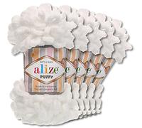 Wohnkult Alize Puffy Wool Chenille Loop Wool, 5 x 100 g, Crochet and Knit without Tools, Clothing, Accessories, Blankets, Rugs (55 | White)