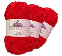 Wohnkult Himalaya 3 x 100 g Velvet Dolphin Wool, 40 Colours to Choose From, Chenille Knitting Yarn, Fleece Wool, Shiny Accessory, Clothing, Blankets (90018 | Red)