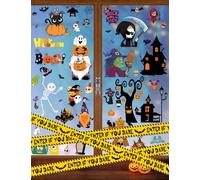 Wohohoho 170PCS Cute Halloween Decorations, 10 Sheets Kawaii Halloween Window Clings with 5M Caution Tape, Funny Ghost Cat Witch Tree Designs Window Decal Stickers for Treat or Trick Kids Party Decor