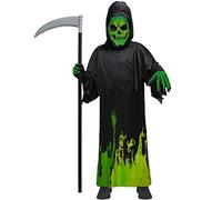 WOHPNLE Halloween Grim Costume, Grim Reaper Costume with Gloves and Sickle Scary Dark Robe Scythe Glowing Red Eyes for Kids Halloween Dress up Party (s)