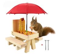 WOHPNLE Wooden Picnic Table Feeder, Decorative Squirrel Feeder Large Capacity Squirrel Corn Cob Feeder for Garden Park Yard Porch Decoration (Natural Wood Color with Red Umbrella)