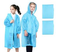 WOHSEROM 2 Pack Rain Ponchos for Kids Reusable,Thickened EVA Travel Raincoat Jacket with Hoods and Sleeves,Lightweight Light Blue Capes Ponchos for Boys and Girls Outdoor Camping Travel