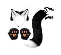 Woideklu Furry Ear Headwear Pack with Flexible Band Headband Shaggy Tail and Paw Applique Gloves for Fun Animal Costume Suitable for Photo Shoots, Black