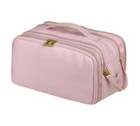 Woideklu Travel Toiletry Bag Makeup Case Large Capacity Double Compartment with Brush Holder Hygienic Clutch PU Leather And Washable Zipper Closure, Pink