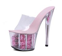 WOilERQ Women's Open Toe High Heeled Sandals PVC transparent platform stiletto sandals Slide On Heeled Mule Shoes Summer Dress rose flower soles high heels 17cm/6.7inch,pink,43