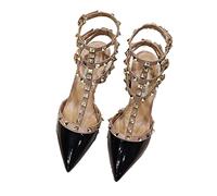WOilERQ Women's Pointed Toe Heels fashion stud Low Block Chunky Pumps studded T-strap Ankle Strap Buckle Dress Sandals Closed Toe Classic Comfortable low heels Shoes,Black,38
