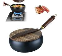 Wok Non Stick, 2025 New Chinese Handmade Cast Iron Wok with Wooden Lid, Cast Iron Frying Pan No Chemical Coated, Traditional Carbon Steel Woks, Ideal for Induction, Gas, All Hobs (26cm / 10.24Inch)