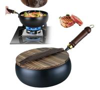 Wok Non Stick, 2025 New Chinese Handmade Cast Iron Wok with Wooden Lid, Cast Iron Frying Pan No Chemical Coated, Traditional Carbon Steel Woks, Ideal for Induction, Gas, All Hobs (24CM / 9.45Inch)