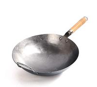 Wok Pan, Traditional Hand Hammered Chinese pan Iron Wok Uncoated Carbon Steel Non-Stick Pot Round Bottom Cookware with Wooden Handle