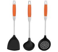 Wok Spatula Set,Kitchen Utensil Set,3 Pcs Silicone Stainless Kitchen Cooking Tools,Includes Flexible Silicone Wok Spatula,Spoon,Slotted Spoon,Resistant Wooden Handle
