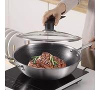 Wok With Glass Lid, Scratch-Resistant Triple-layer Steel Work, With For Honeycomb And Non-coated Design, For Induction Hob, For Kitchen Cooking(34CM)