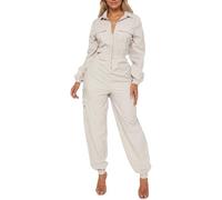 WOKANSE Utility Jumpsuit Women Casual Long Sleeve Zipper Up Elastic Waist Cargo Jumpsuit With Pockets, Apricot, Small