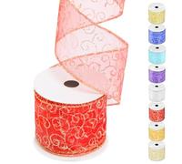 Wokape 1 Roll 2.5Inch * 10 Yard Glitter Mesh Wired Ribbon Indoor Christmas Ribbon Organza Glitter Swirls Wired Ribbon for Christmas Home Decor, Gift Wrapping, Bow Making, Wreath, DIY Crafts（Red）