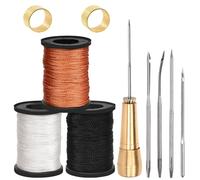 Wokape 10Pcs Canvas Leather Sewing Awl Needles Assortment Kit Contains Straight and Curved Needles, 3 Colors 50m Waxed Nylon Cord Threads with Coils, Copper Handle, Thimbles for DIY, Leather Repair