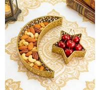 wokdsbl 2Pcs Moon Star Shaped Trays Ramadan,Moon Star Dinner Plate Tray Hollow Pattern Iron Dessert Plates for Rustic Eid, Islam Muslim Al-Fitr Iftar Party Crescent Iron Platters Table Decor