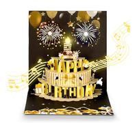wokdsbl Happy Birthday Card Musical with Lights and Fireworks, Pop Up 3D Birthday Card with Blowable Candle, Personalised Black Birthday Cards for Women Men Kids Mom Dad Wife Husband with Envelopes