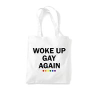 Woke up gay again (rainbow dots) LGBT pride statement tote shopping bag - White