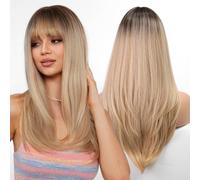 WOKESTAR Long Straight Wigs for Women with Fringe, Layered Synthetic Blonde with Highlights Color Wigs for Women