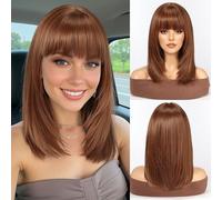 WOKESTAR Staright Wig with Fringe Synthetic Mid-length Layered Wigs for Women Auburn Color