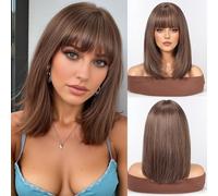 WOKESTAR Staright Wig with Fringe Synthetic Mid-length Layered Wigs for Women Ligt Brown Color