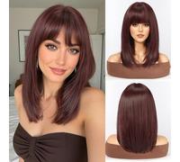 WOKESTAR Staright Wig with Fringe Synthetic Mid-length Layered Wigs for Women Wine Red Color