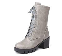 WOkismD Fashion Lace Up Goth Platform Boots for Women Chunky Heeled Combat Motorcycle Ankle Booties Side Zip Leather Mid Calf Boots,Gray,42