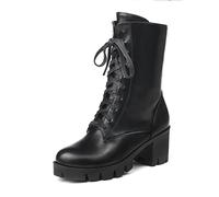 WOkismD Fashion Lace Up Goth Platform Boots for Women Chunky Heeled Combat Motorcycle Ankle Booties Side Zip Leather Mid Calf Boots,Black,46