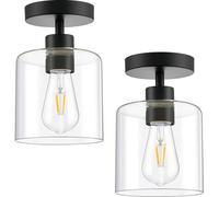 WOKNOS Industrial 2 Pack Clear Glass Semi Flush Mount Ceiling Lights,E27 Black Metal Base Ceiling Lamp,Light Fittings Ceilings for Kitchen,Hallway,Bedroom,Living Room,Landing,Porch