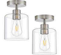 WOKNOS Industrial 2 Pack Clear Glass Semi Flush Mount Ceiling Lights,E27 Nickel Metal Base Ceiling Lamp,Light Fittings Ceilings for Kitchen,Hallway,Bedroom,Living Room,Landing,Porch
