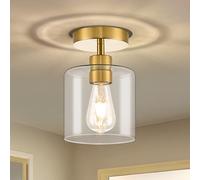WOKNOS Industrial Clear Glass Semi Flush Mount Ceiling Lights,E27 Gold Metal Base Ceiling Lamp,Light Fittings Ceilings for Kitchen,Hallway,Bedroom,Living Room,Landing,Porch