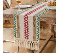 Wokuaile Boho Macrame Table Runner with Tassels Farmhouse Rustic Neutral Table Runners Christmas Woven Home Dining Decor for Kitchen, 30 x 224 cmRed/Green
