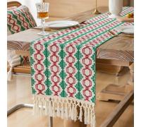Wokuaile Boho Macrame Table Runner with Tassels Farmhouse Rustic Neutral Table Runners Christmas Woven Home Dining Decor for Kitchen, 33 x 183 cmRed/Green