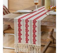 Wokuaile Boho Macrame Table Runner with Tassels Farmhouse Rustic Neutral Table Runners Christmas Woven Home Dining Decor for Kitchen, 33 x 153 cmRed Heart