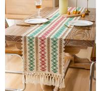 Wokuaile Boho Macrame Table Runner with Tassels Farmhouse Rustic Neutral Table Runners Christmas Woven Home Dining Decor for Kitchen, 30 x 224 cmRed/Green