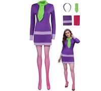 Wolancy Womens Daphne Blake Costume Scooby Doo Cosplay Daphne Dress Scarf Headband Socks Outfit Uniform for Adults, Purple, Large