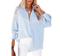 Wolddress Women's Striped Button Down Shirts Smocked Long Sleeve V Neck Summer Coverup Blouse Tops, A-sky Blue, S