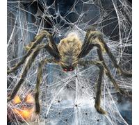 woleeup Halloween Decorations Outdoor Gaint Spider - 50'' Halloween Spider + 40g Cobweb & 50pcs Fake Spiders Props for Indoor Outdoor Garden Scary Haunted House Theme Party Yard (Brown)