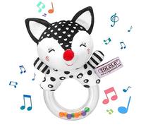 Wolepaz Baby Rattles 0-6 Months, Black and White Soft Rattles Plush Animal Toys, Elephant/Fox Plush Rings Infant First Hand Grip Toys(Rubber Ring Fox), 265-2B