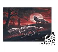 Wolf 1000 Pieces Cardboard Puzzle Recycled for Adults Wolves Under Red Moon Stress Relief Brain Teaser Eco-Friendly Premium Quality Cognitive Development Indoor Activity 70x50cm/1000pcs