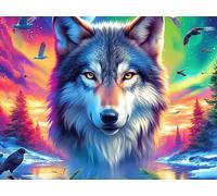 Wolf 300 Pieces Set Classic Jigsaw Puzzle Luminous Enchanted Beasts Couple Puzzle Partners Mind Relaxation Wall Decor Easter New Year Premium Cardboard 300 PCS/40x28cm