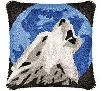 Wolf Against The Blue Moon Latch Hook Cushion Kit 43x43cm, Complete DIY Cushion Making Craft Kits with Yarn & Canvas and Crochet Needle, Latch Hook Pillow Cover Adult Craft Kits Home Decor for Women
