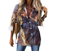 Wolf American Flag Eagle Women's V Neck Shirts Long Sleeve T Shirts Button Down Tee Tops Casual Blouse 2XL