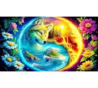 Wolf-Amid-Blossoms-and-Yin-Yang Jigsaw Puzzles for Adults: 1000-Piece Recycled Cardboard - Decoration 75x50cm/1000pcs