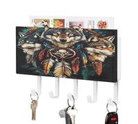 Wolf and Dreamcatcher1 Leather Key Holder for Wall Decorative with 5 Hooks & Mail Organizer Entryway Keys Rack