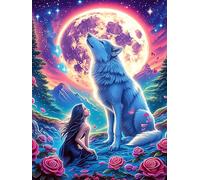 Wolf And Girl Under The Full Moon 300 Piece Complete Jigsaw Puzzle Set Wildlife Plant Teens Beginners Educational Challenge Puzzle Fans Group Play Anniversary Creativity & Gift Giving 300 PCS