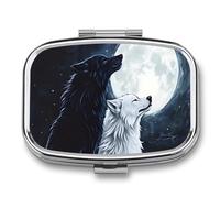 Wolf and Moon Metal Pill Organizer Case, 2-Compartment Travel Pill Box, Portable Pocket Pill Container with Secure Closure, Small Medication Holder for Men Women Seniors, Giftable