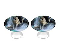 Wolf and Moon Waterfall Funny Cabinet Knobs 2 Pack Round Drawer Dresser Pulls Door Handles Knobs for Door Wardrobe